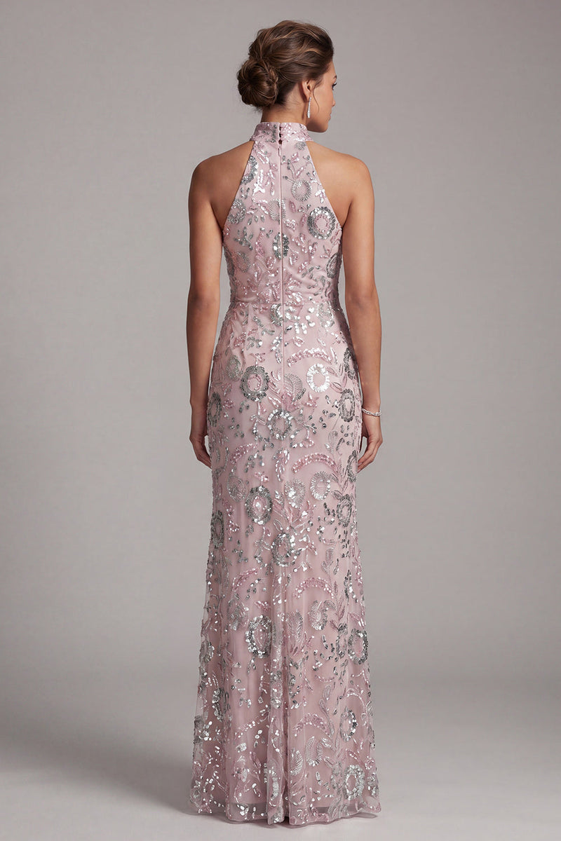 Load image into Gallery viewer, Light Pink Mermaid Sparkly Sequin Ruched High Neck Long Evening Dress with Slit