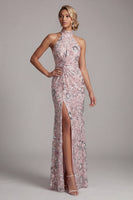Load image into Gallery viewer, Light Pink Mermaid Sparkly Sequin Ruched High Neck Long Evening Dress with Slit