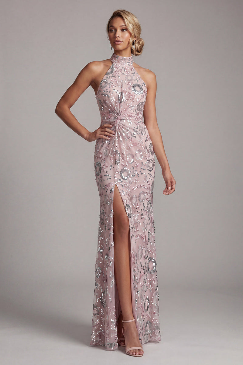 Load image into Gallery viewer, Light Pink Mermaid Sparkly Sequin Ruched High Neck Long Evening Dress with Slit