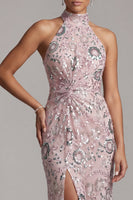 Load image into Gallery viewer, Light Pink Mermaid Sparkly Sequin Ruched High Neck Long Evening Dress with Slit