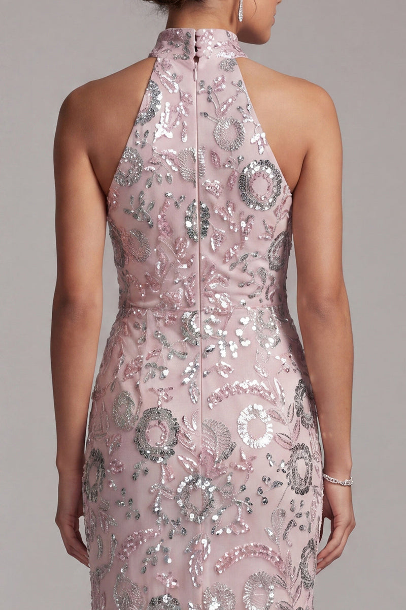 Load image into Gallery viewer, Light Pink Mermaid Sparkly Sequin Ruched High Neck Long Evening Dress with Slit