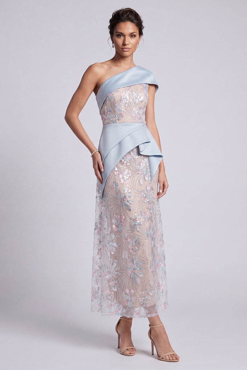 Load image into Gallery viewer, Light Blue Sparkly A Line One Shoulder Ruffled Sequin Maxi Evening Dress