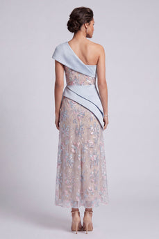Light Blue Sparkly A Line One Shoulder Ruffled Sequin Maxi Evening Dress