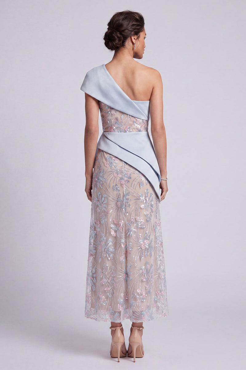 Load image into Gallery viewer, Light Blue Sparkly A Line One Shoulder Ruffled Sequin Maxi Evening Dress