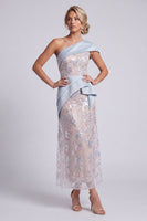 Load image into Gallery viewer, Light Blue Sparkly A Line One Shoulder Ruffled Sequin Maxi Evening Dress