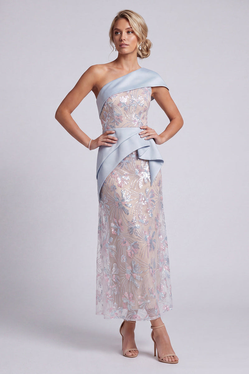 Load image into Gallery viewer, Light Blue Sparkly A Line One Shoulder Ruffled Sequin Maxi Evening Dress