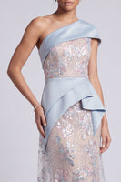 Load image into Gallery viewer, Light Blue Sparkly A Line One Shoulder Ruffled Sequin Maxi Evening Dress