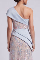 Load image into Gallery viewer, Light Blue Sparkly A Line One Shoulder Ruffled Sequin Maxi Evening Dress