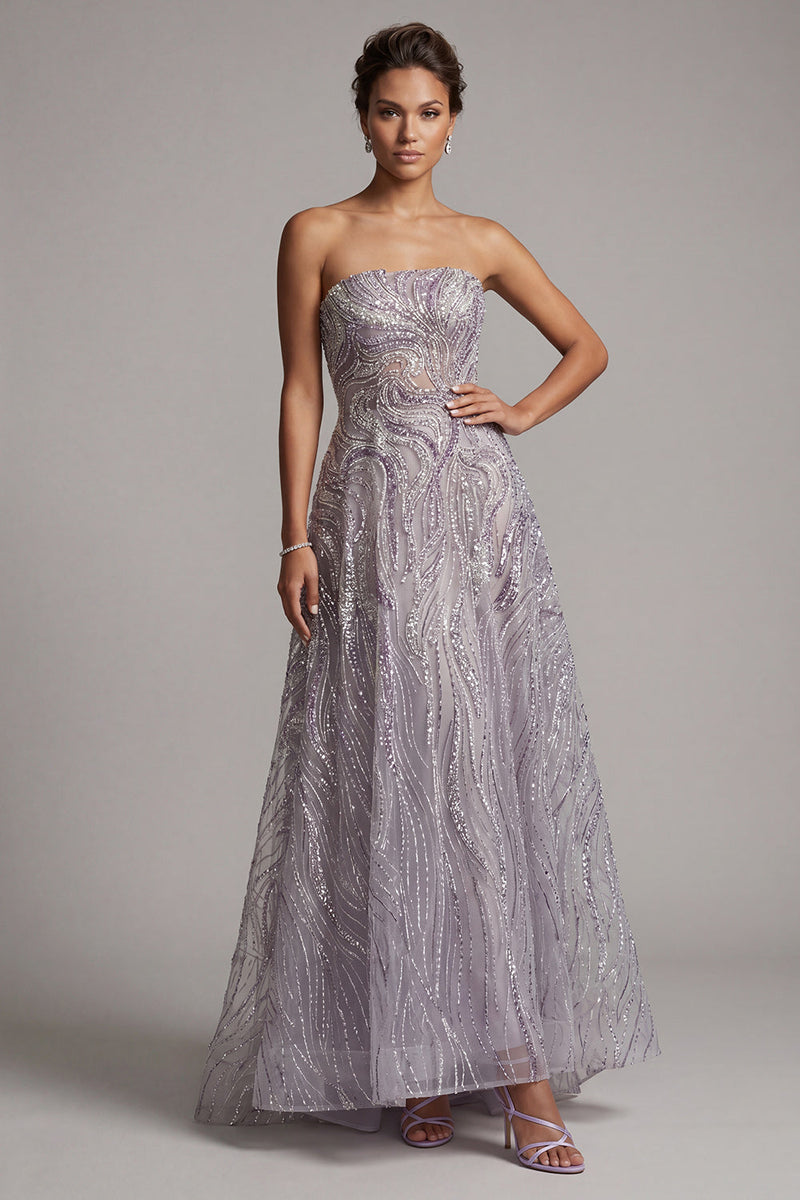 Load image into Gallery viewer, Sparkly Lilac A-Line Sequin Strapless Beaded Long Evening Dress
