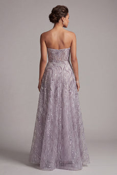 Sparkly Lilac A-Line Sequin Strapless Beaded Long Evening Dress