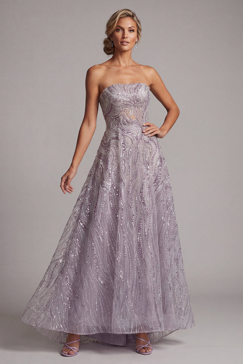 Load image into Gallery viewer, Sparkly Lilac A-Line Sequin Strapless Beaded Long Evening Dress