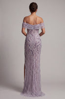 Load image into Gallery viewer, Sparkly Lilac Off the Shoulder Beaded Mermaid Long Evening Dress with Slit