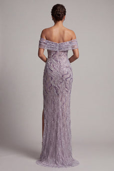 Sparkly Lilac Off the Shoulder Beaded Mermaid Long Evening Dress with Slit
