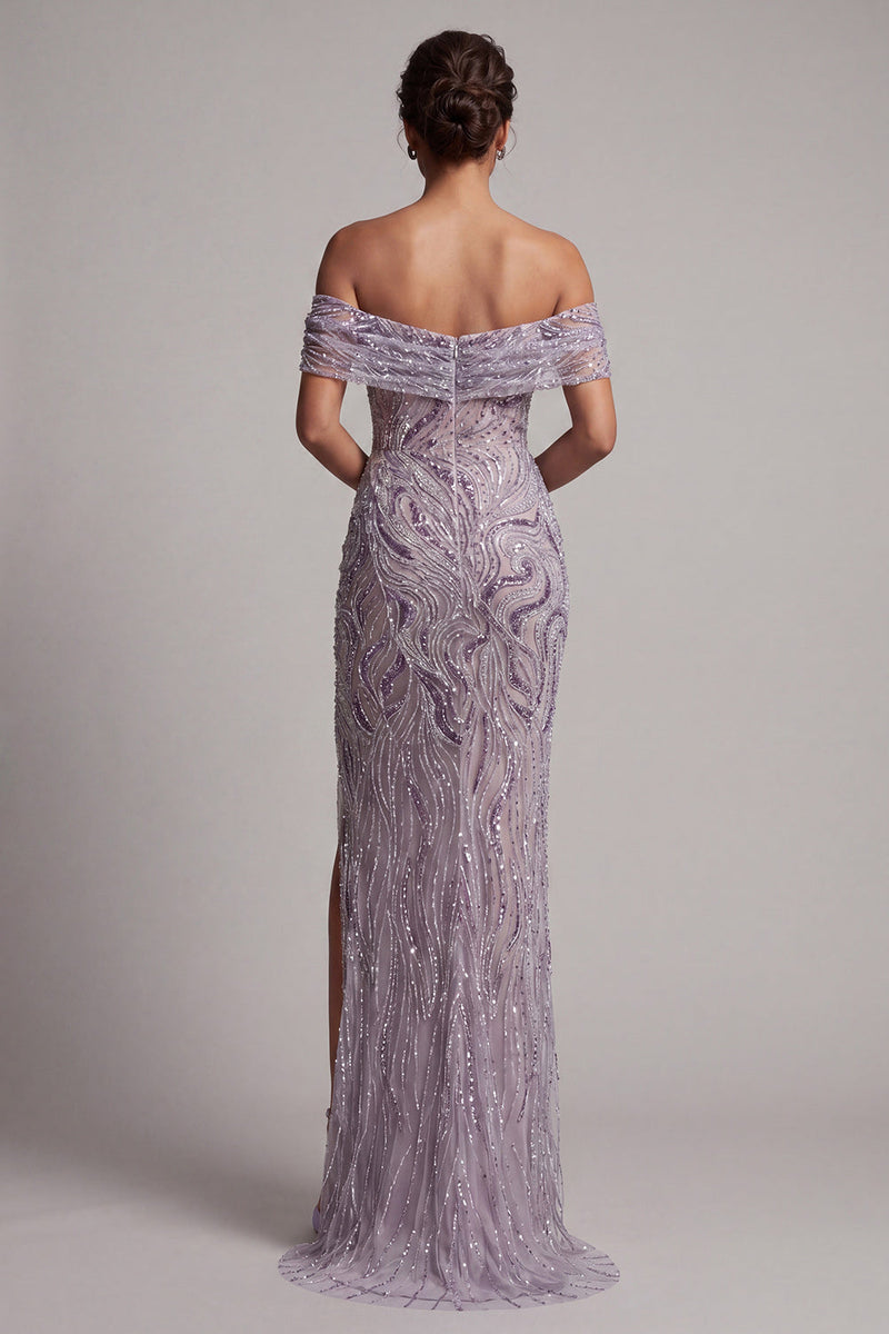Load image into Gallery viewer, Sparkly Lilac Off the Shoulder Beaded Mermaid Long Evening Dress with Slit