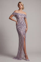 Load image into Gallery viewer, Sparkly Lilac Off the Shoulder Beaded Mermaid Long Evening Dress with Slit