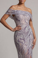 Load image into Gallery viewer, Sparkly Lilac Off the Shoulder Beaded Mermaid Long Evening Dress with Slit
