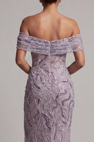 Load image into Gallery viewer, Sparkly Lilac Off the Shoulder Beaded Mermaid Long Evening Dress with Slit