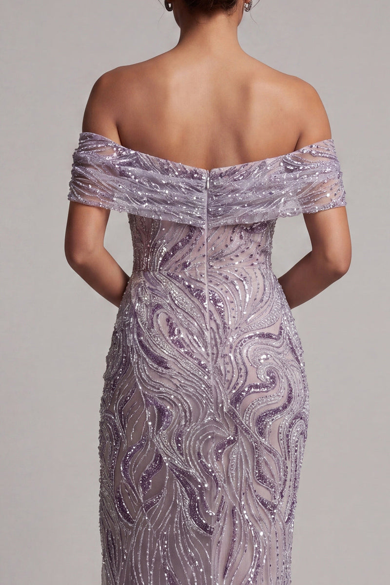 Load image into Gallery viewer, Sparkly Lilac Off the Shoulder Beaded Mermaid Long Evening Dress with Slit