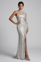 Load image into Gallery viewer, Sparkly Grey One Shoulder Mermaid Sequin Long Sleeves Evening Dress with Slit