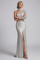 Load image into Gallery viewer, Sparkly Grey One Shoulder Mermaid Sequin Long Sleeves Evening Dress with Slit