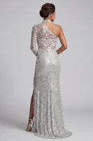 Load image into Gallery viewer, Sparkly Grey One Shoulder Mermaid Sequin Long Sleeves Evening Dress with Slit