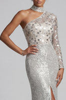Load image into Gallery viewer, Sparkly Grey One Shoulder Mermaid Sequin Long Sleeves Evening Dress with Slit