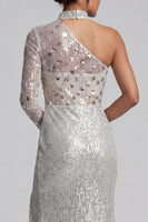 Load image into Gallery viewer, Sparkly Grey One Shoulder Mermaid Sequin Long Sleeves Evening Dress with Slit