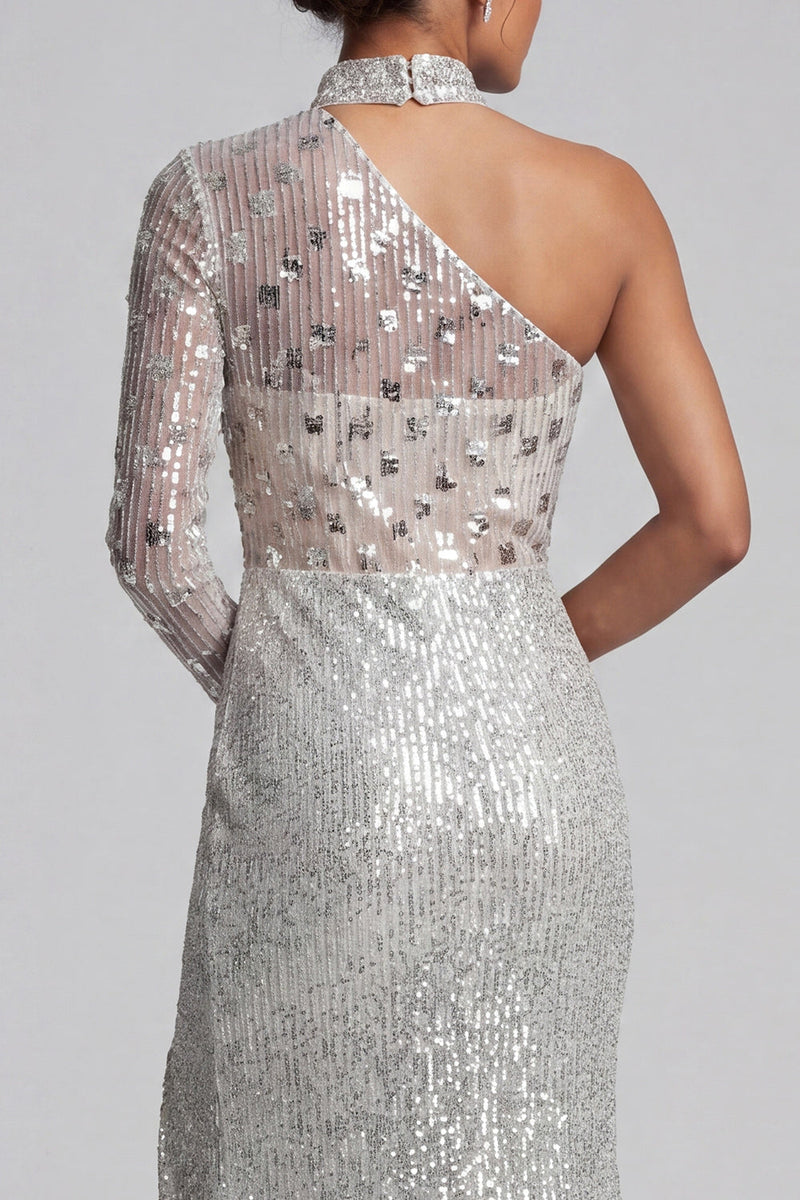 Load image into Gallery viewer, Sparkly Grey One Shoulder Mermaid Sequin Long Sleeves Evening Dress with Slit