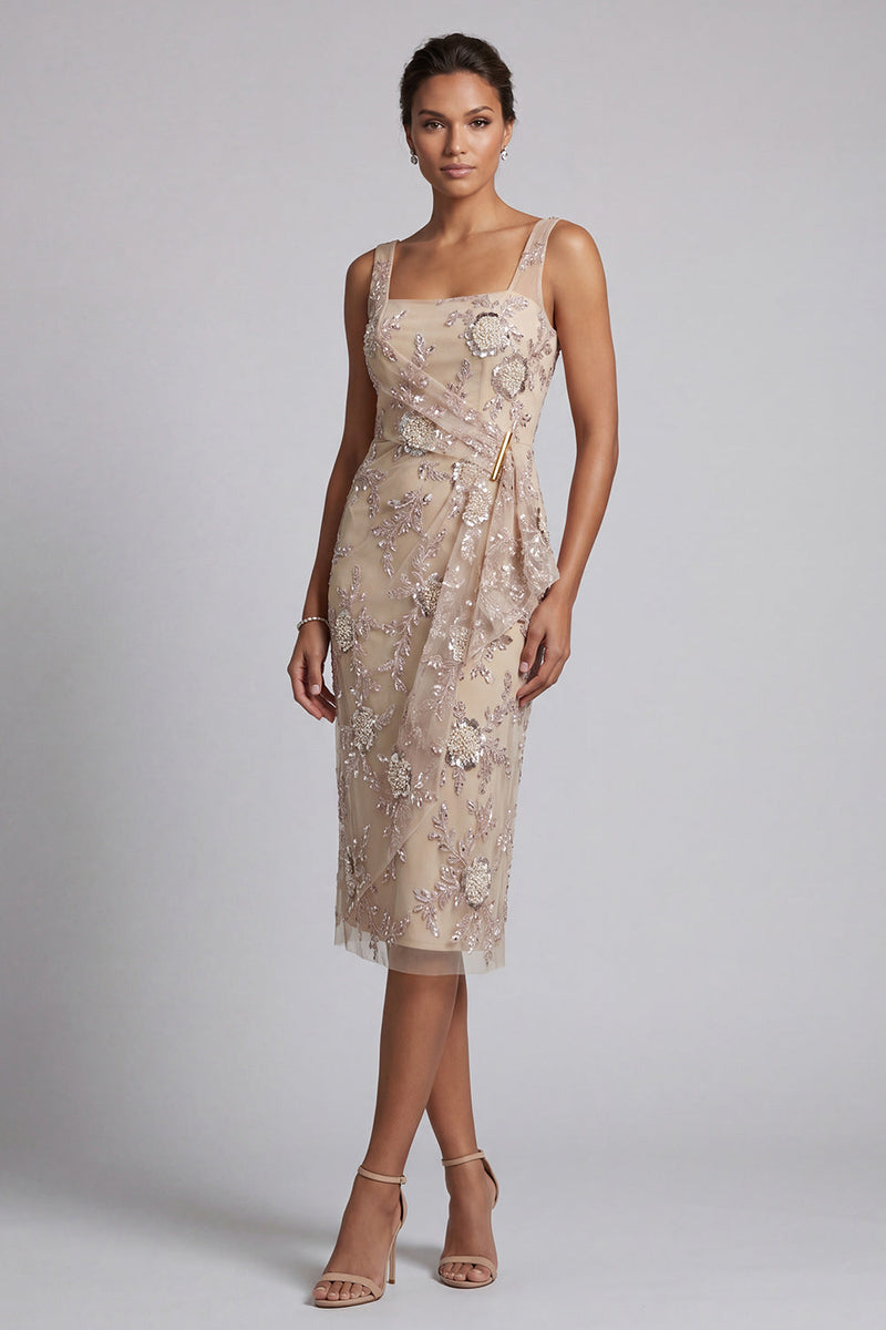 Load image into Gallery viewer, Sparkly Champagne Beaded Bodycon Floral Midi Evening Dress with Sash