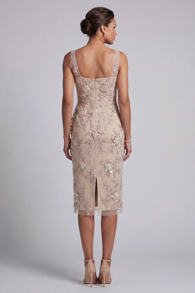 Load image into Gallery viewer, Sparkly Champagne Beaded Bodycon Floral Midi Evening Dress with Sash