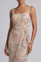 Load image into Gallery viewer, Sparkly Champagne Beaded Bodycon Floral Midi Evening Dress with Sash