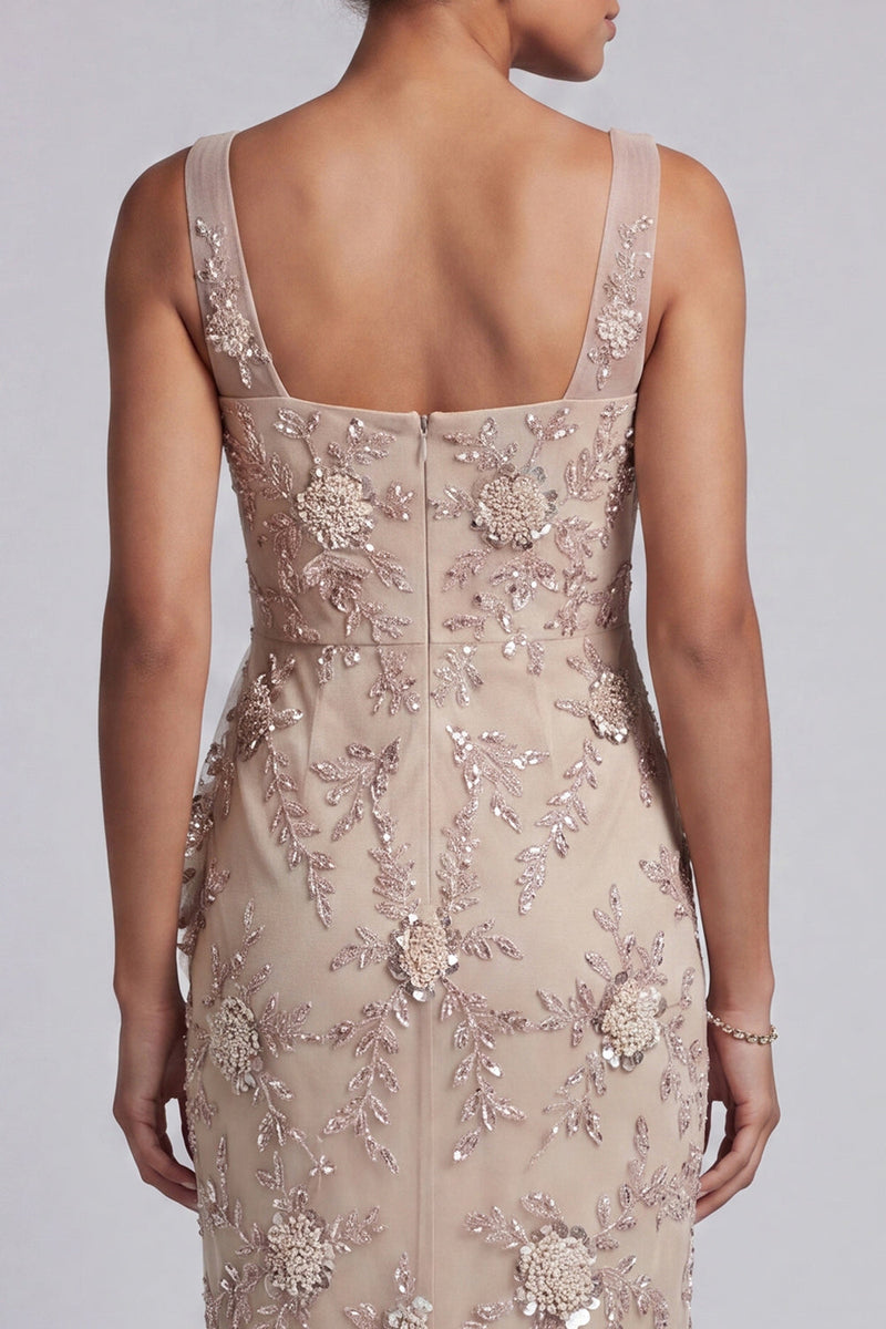 Load image into Gallery viewer, Sparkly Champagne Beaded Bodycon Floral Midi Evening Dress with Sash