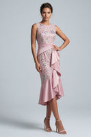 Load image into Gallery viewer, Light Pink Sparkly Sequin Mermaid Round Neck Midi Evening Dress with Ruffled Hem