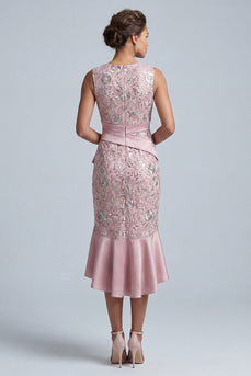 Light Pink Sparkly Sequin Mermaid Round Neck Midi Evening Dress with Ruffled Hem