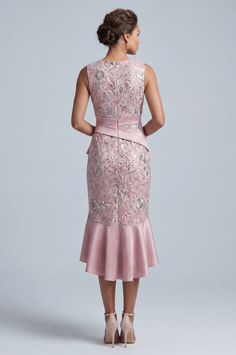 Load image into Gallery viewer, Light Pink Sparkly Sequin Mermaid Round Neck Midi Evening Dress with Ruffled Hem