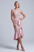 Load image into Gallery viewer, Light Pink Sparkly Sequin Mermaid Round Neck Midi Evening Dress with Ruffled Hem