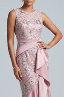 Load image into Gallery viewer, Light Pink Sparkly Sequin Mermaid Round Neck Midi Evening Dress with Ruffled Hem