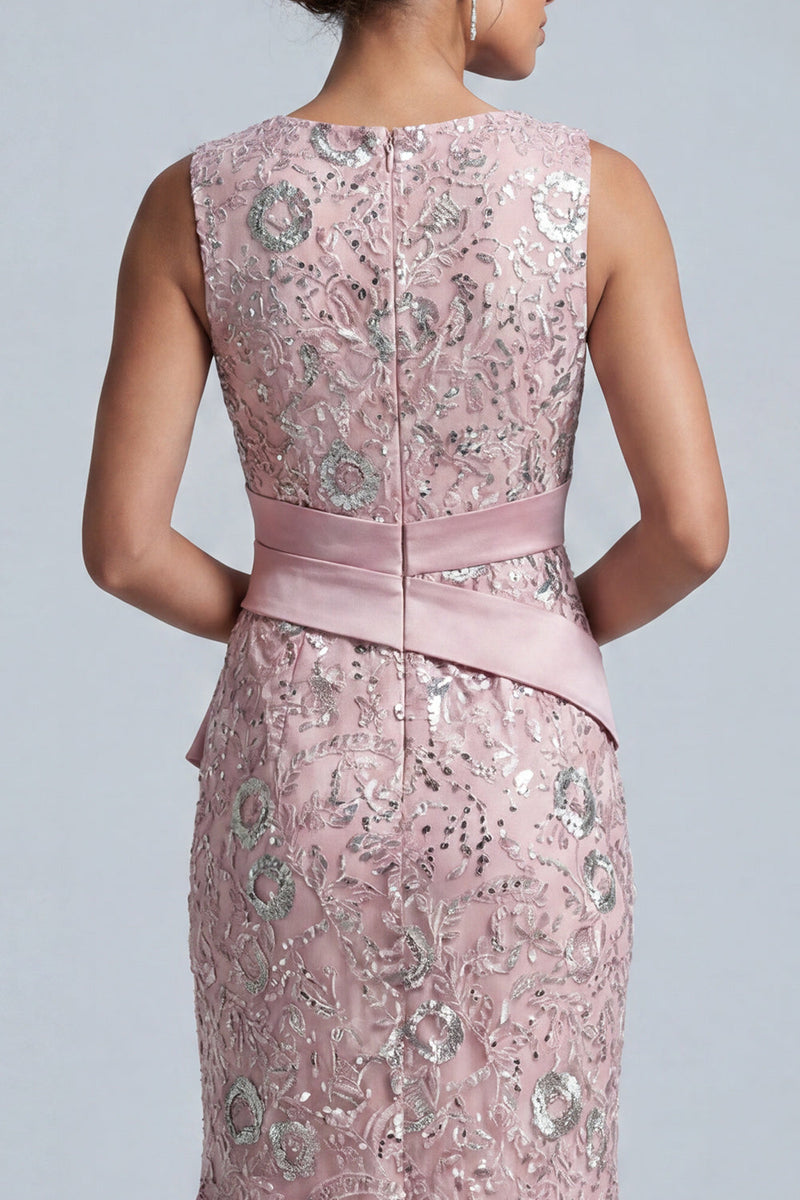 Load image into Gallery viewer, Light Pink Sparkly Sequin Mermaid Round Neck Midi Evening Dress with Ruffled Hem