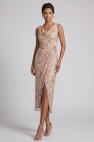 Load image into Gallery viewer, Champagne Sparkly Beaded Cowl Neck Ruched Floral Long Evening Dress with Slit