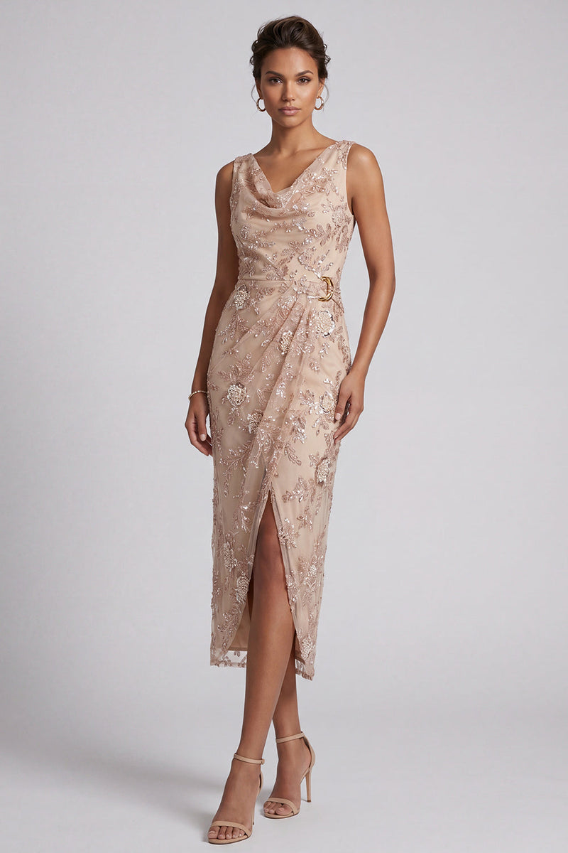 Load image into Gallery viewer, Champagne Sparkly Beaded Cowl Neck Ruched Floral Long Evening Dress with Slit