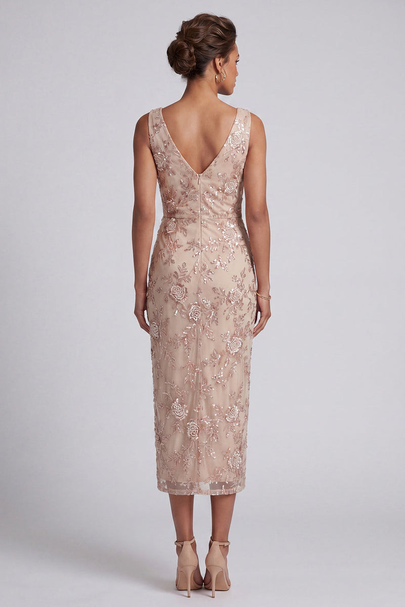 Load image into Gallery viewer, Champagne Sparkly Beaded Cowl Neck Ruched Floral Long Evening Dress with Slit