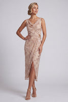 Load image into Gallery viewer, Champagne Sparkly Beaded Cowl Neck Ruched Floral Long Evening Dress with Slit