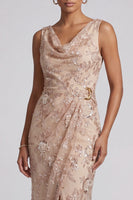 Load image into Gallery viewer, Champagne Sparkly Beaded Cowl Neck Ruched Floral Long Evening Dress with Slit