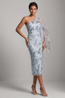 Load image into Gallery viewer, Sparkly Light Blue One Shoulder Sequin Midi Evening Dress with Fringes