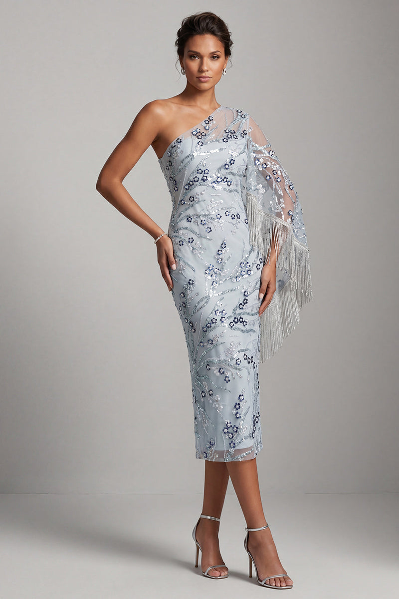 Load image into Gallery viewer, Sparkly Light Blue One Shoulder Sequin Midi Evening Dress with Fringes