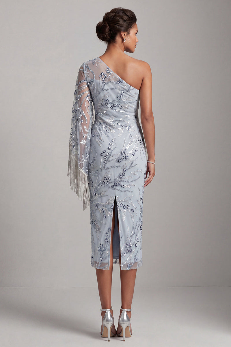 Load image into Gallery viewer, Sparkly Light Blue One Shoulder Sequin Midi Evening Dress with Fringes