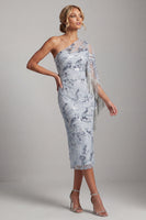 Load image into Gallery viewer, Sparkly Light Blue One Shoulder Sequin Midi Evening Dress with Fringes