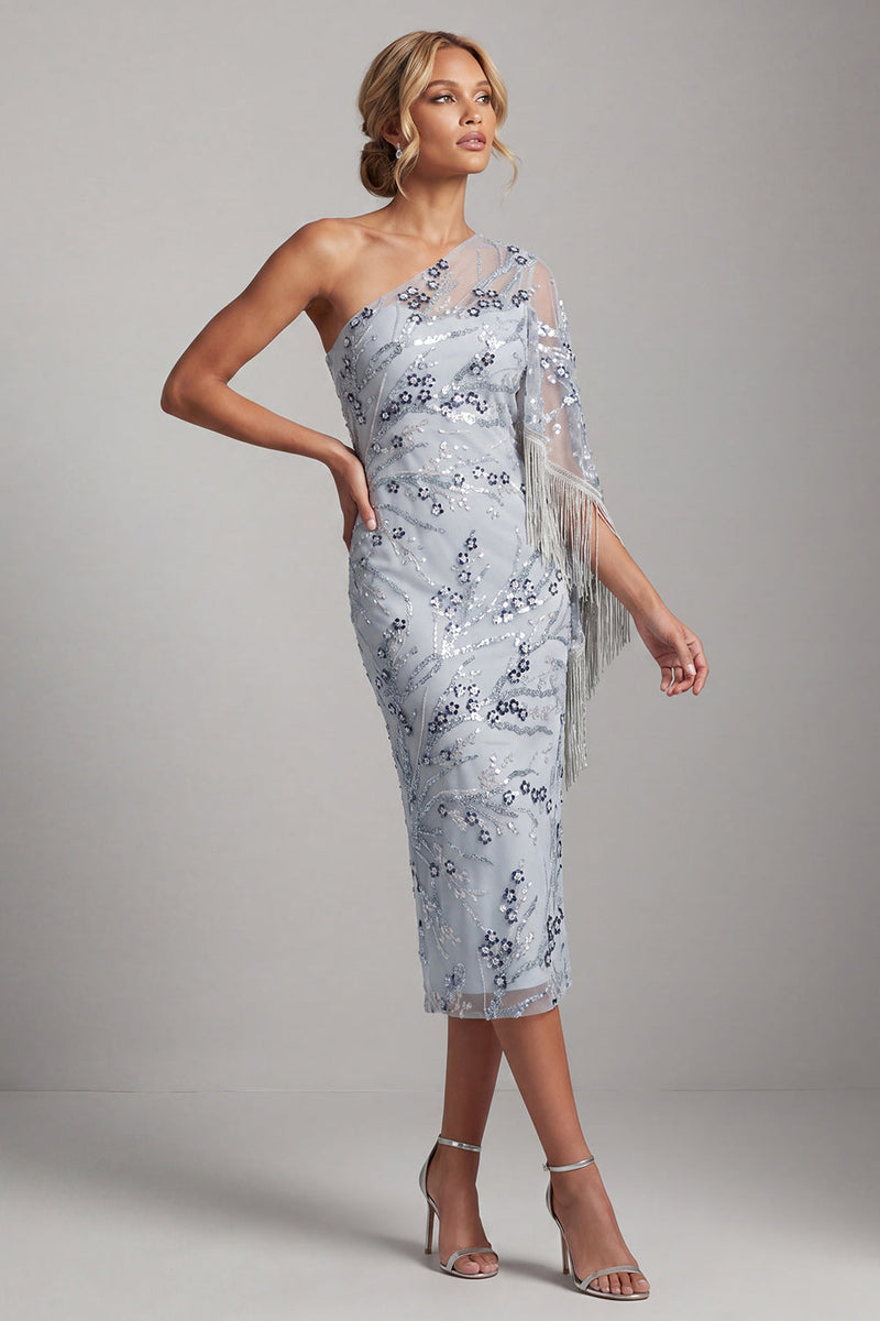 Load image into Gallery viewer, Sparkly Light Blue One Shoulder Sequin Midi Evening Dress with Fringes