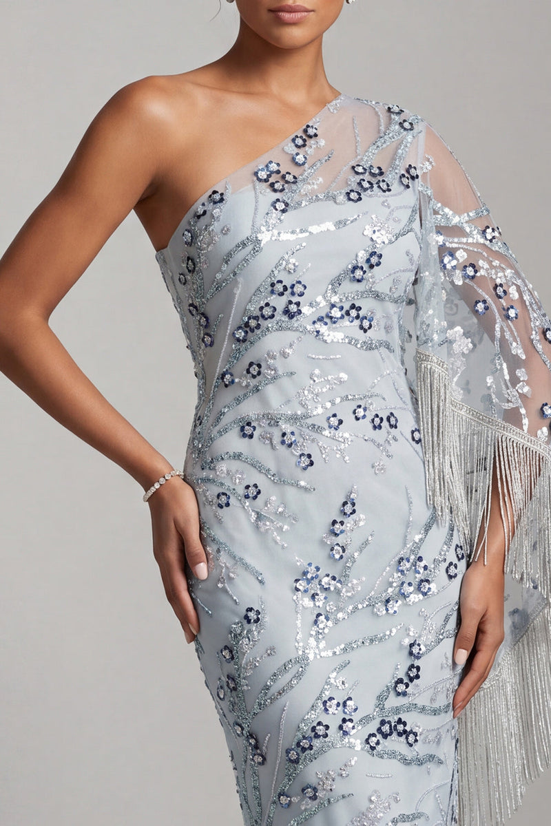 Load image into Gallery viewer, Sparkly Light Blue One Shoulder Sequin Midi Evening Dress with Fringes