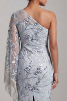 Load image into Gallery viewer, Sparkly Light Blue One Shoulder Sequin Midi Evening Dress with Fringes